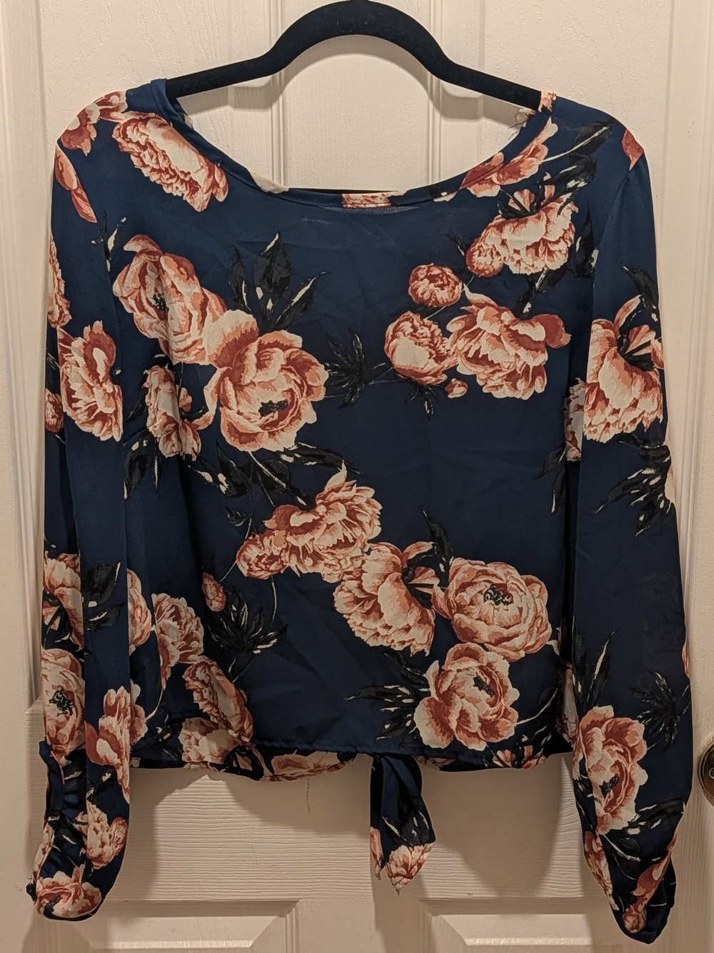Charlotte Russe Navy Floral Tie-Hem Long Sleeve Blouse